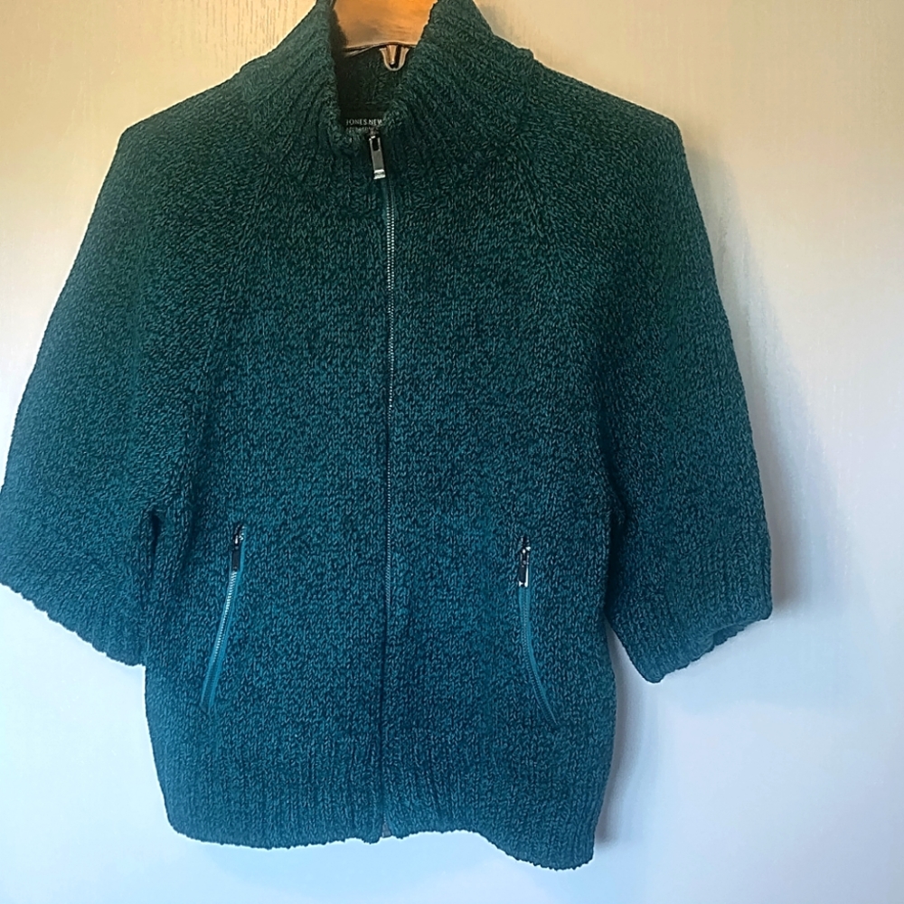 JONES NEW YORK Green and Black Blend Thick 3/4 Sleeve Zip Cardigan Petite M